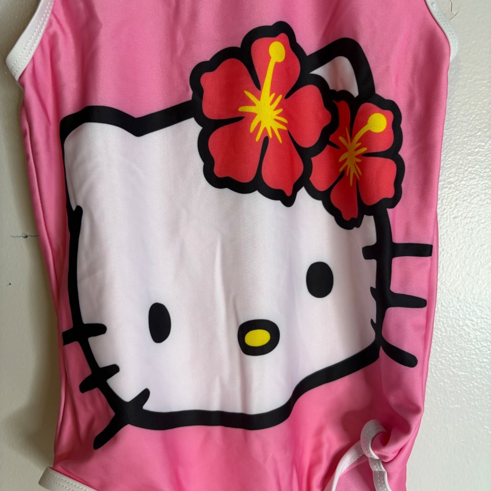 Hello Kitty Sanrio Girls M7/8 Pink Hibiscus One Piece Swimsuit UPF 50+ NEW - Picture 2 of 5